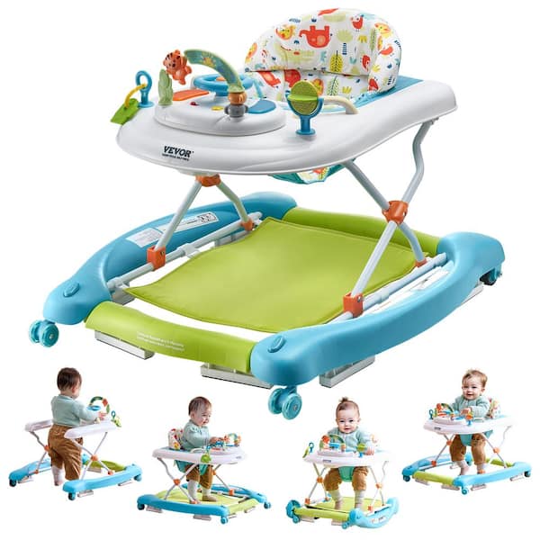 VEVOR 4-in-1 Foldable Baby Walker Activity Center 3 Height Toddler Walker with Wheels, Music Tray for 6-24-Months Kids, Blue