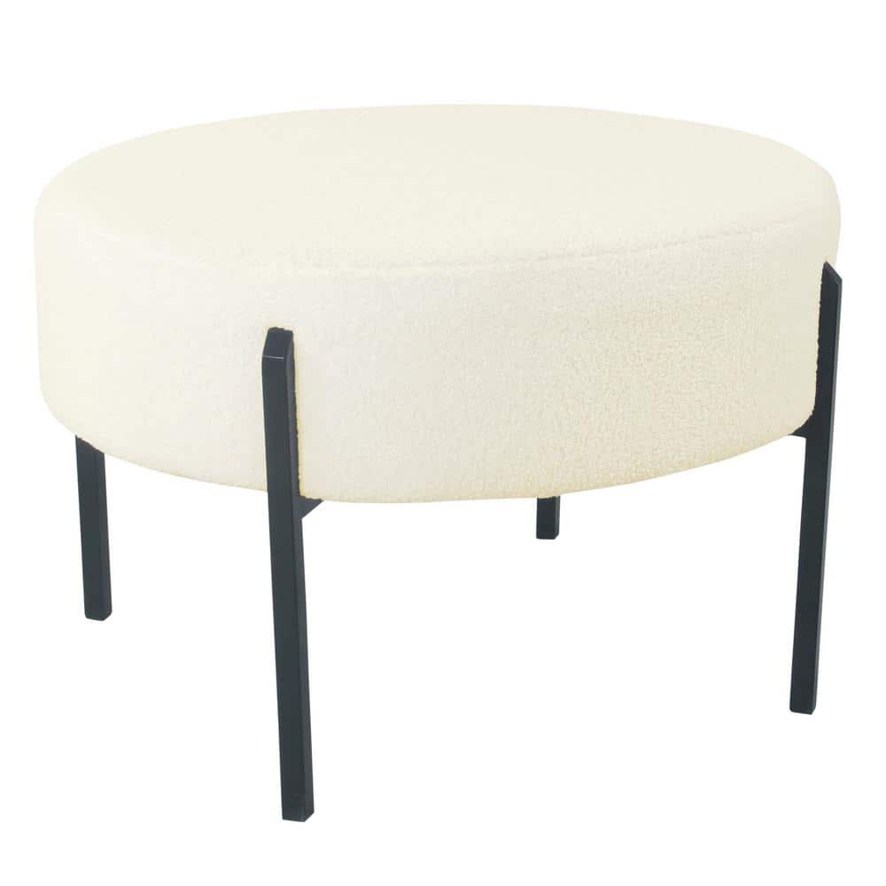 Cream Sherpa Round Ottoman with Black Metal Legs