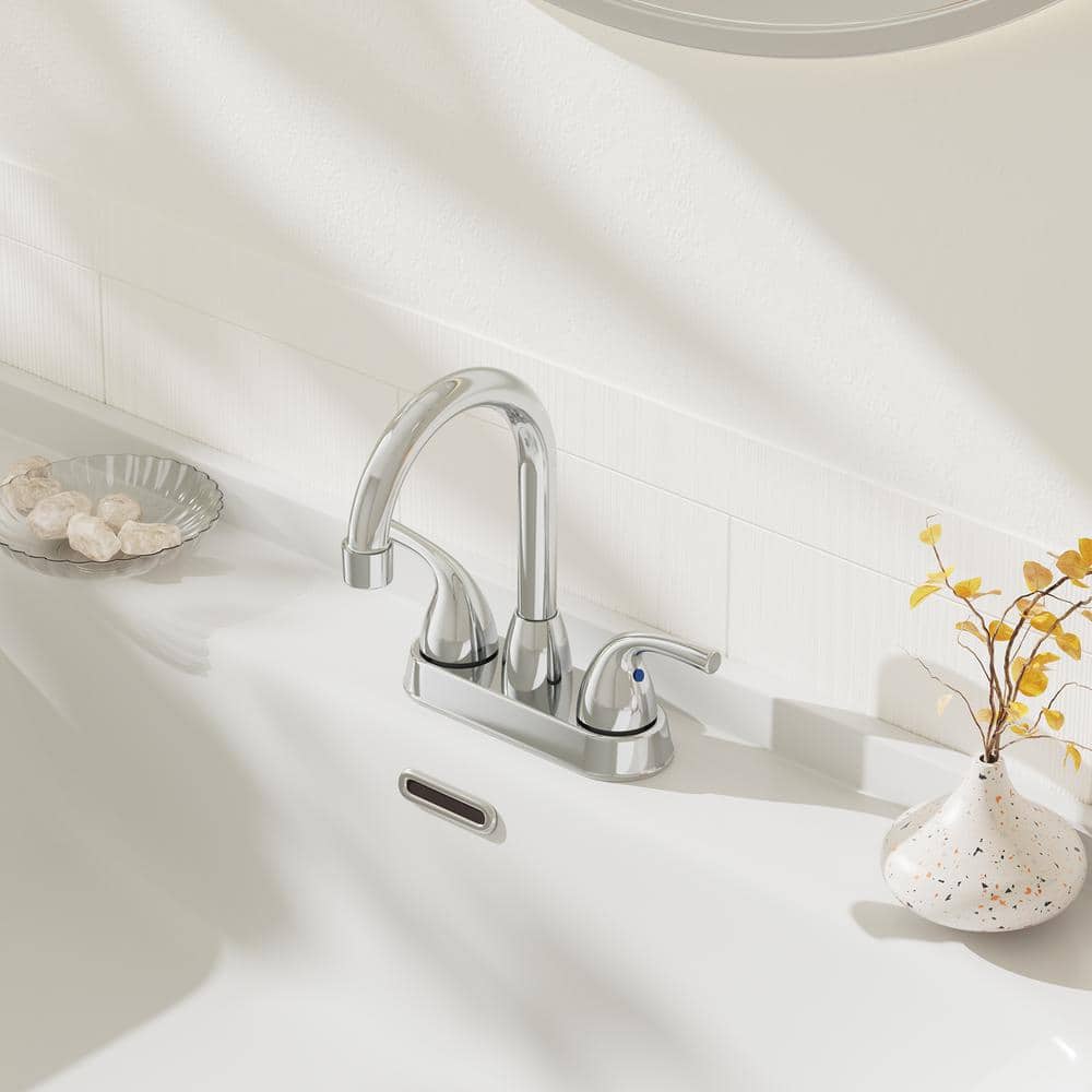 Chrome High Arc Double Handle Bathroom Faucet with Pop-Up Drain