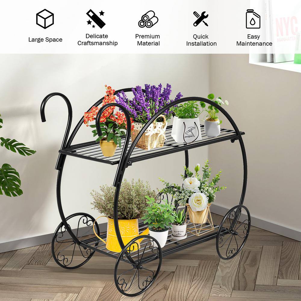 Black Steel Two-Tiered Indoor/Outdoor Plant Stand with Decorative Wheels