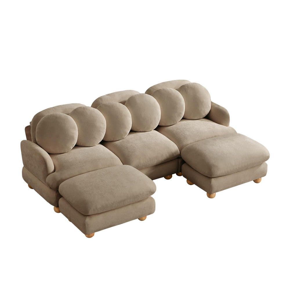 95.3 in. Round Arms Chenille U-Shaped Modular Sectional Sofa in Camel with 2 Movable Ottomans and Throw Pillows