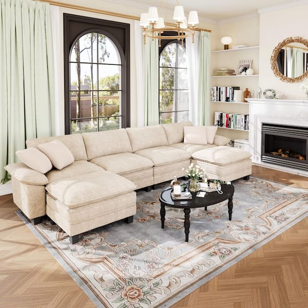 157.5 in. Flared Arm 6-Seat Chenille Modular Sectional Sofa in. Beige with Throw Pillows and Ottomans for Living Room