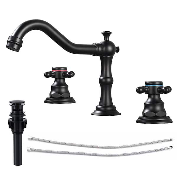 AKLFGN Double Handles 8 in. Widespread Bathroom Faucet 3-Hole Waterfall Bathroom Sink Faucet with Pop-Up Drain in Matte Black