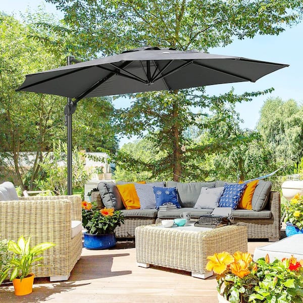 buy all weather patio umbrella LAZZO 11 ft. Cantilever Patio Umbrella with Base and Solar LED Lights, Aluminum Offset 360 Rotation, Champagne
