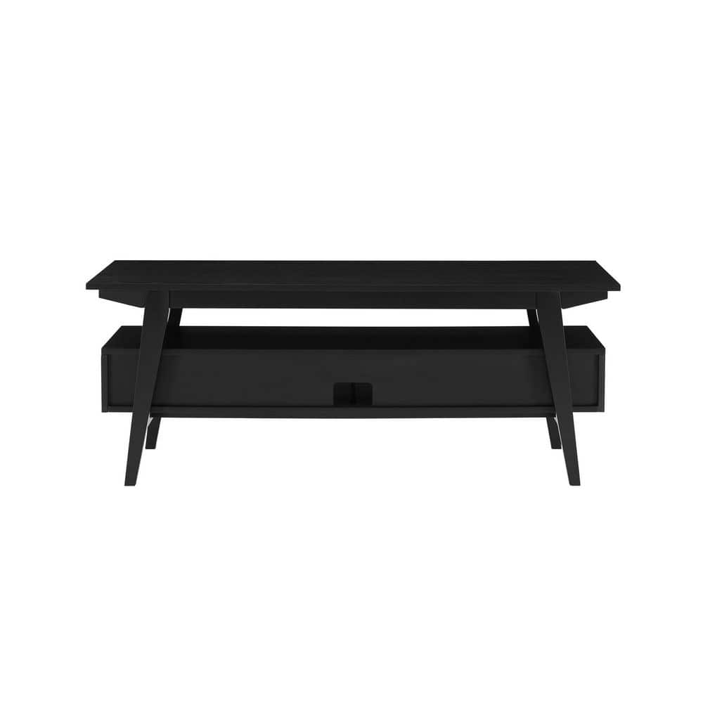 Black Solid Wood Japandi TV Stand with Open Shelving, 47 Inch