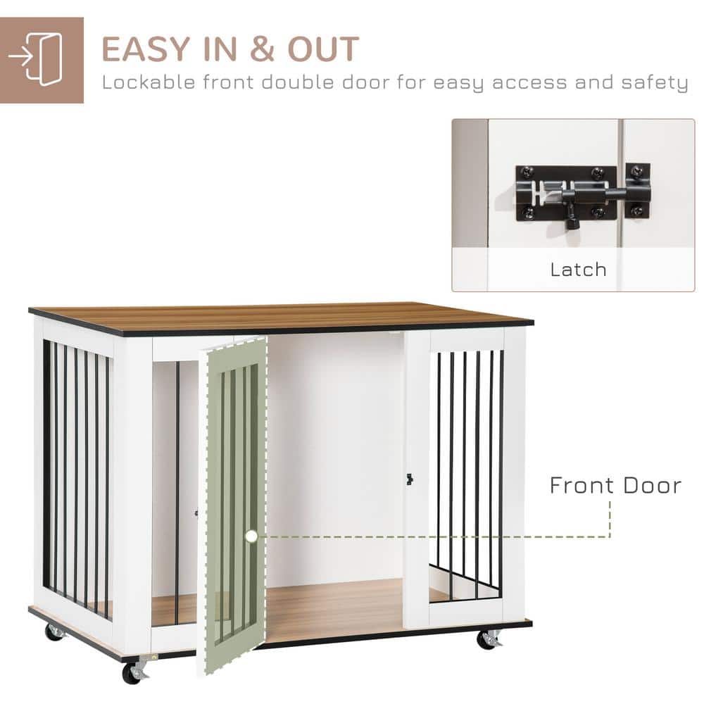 Large White Rolling Dog Crate Table with Steel Bars