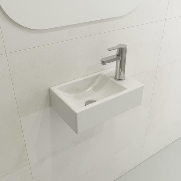 BOCCHI Milano Wall-Mounted White Fireclay Bathroom Sink 14.5 in. 1-Hole with Right Side Faucet Deck