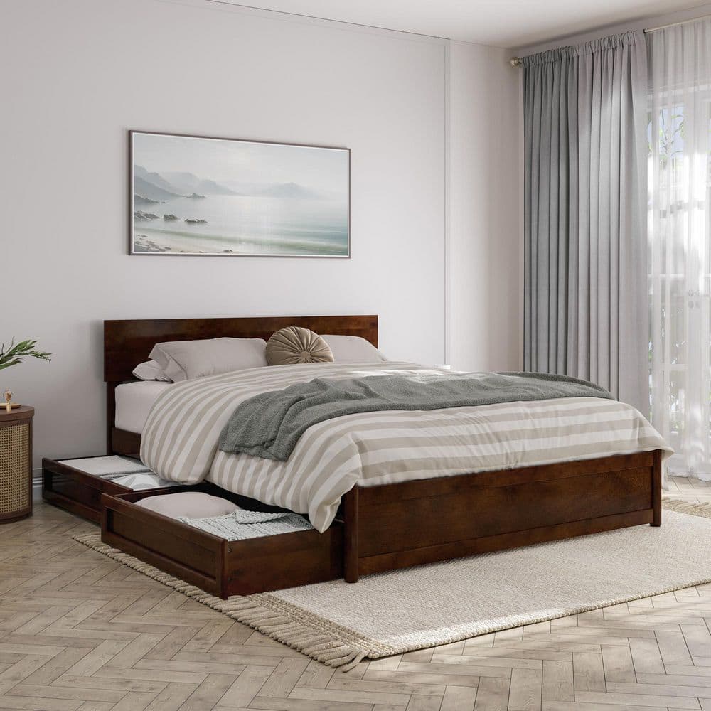 Wesley Walnut Queen Wood Platform Bed with Storage Drawers