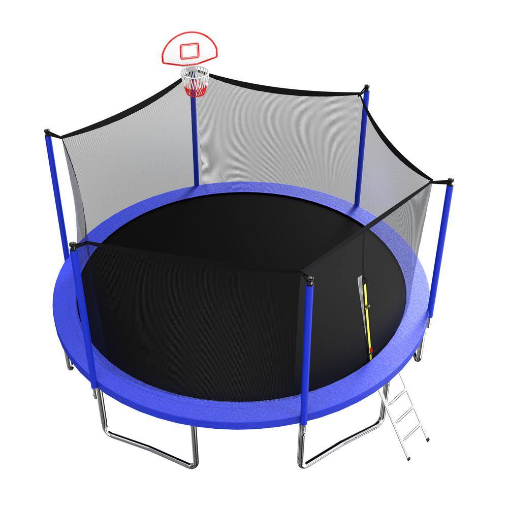 16 ft. Outdoor Blue Heavy-Duty Round Trampoline with Enclosure with Basketball Hoop and Ladder