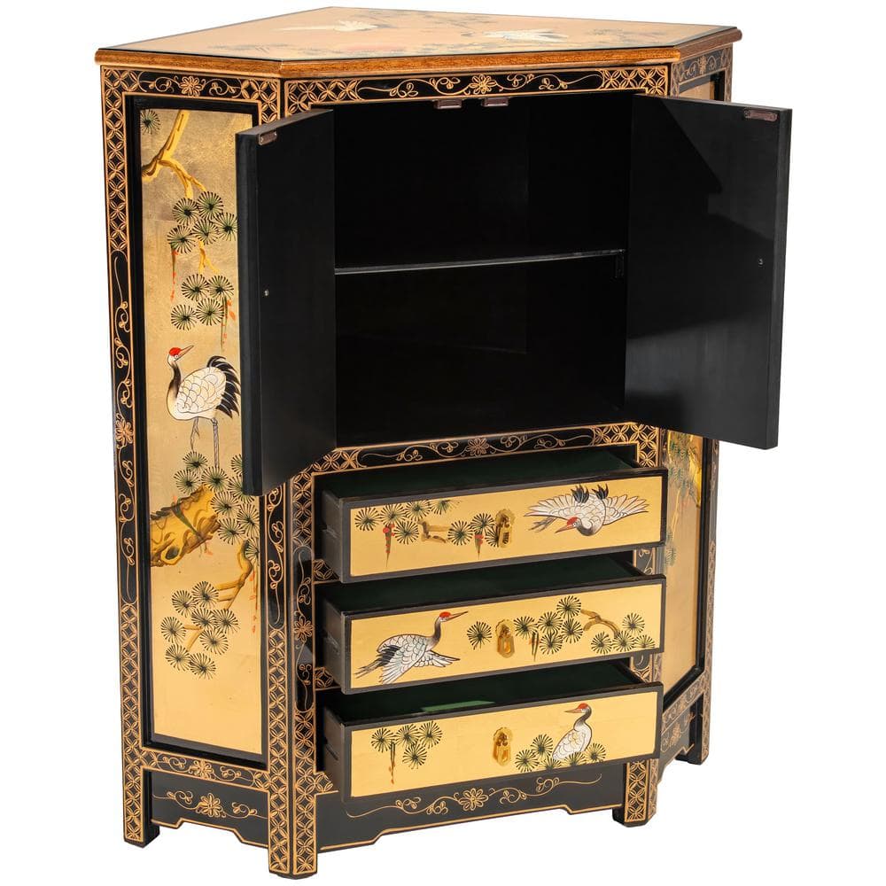 Gold Lacquer Hand-Painted Cranes Corner Cabinet