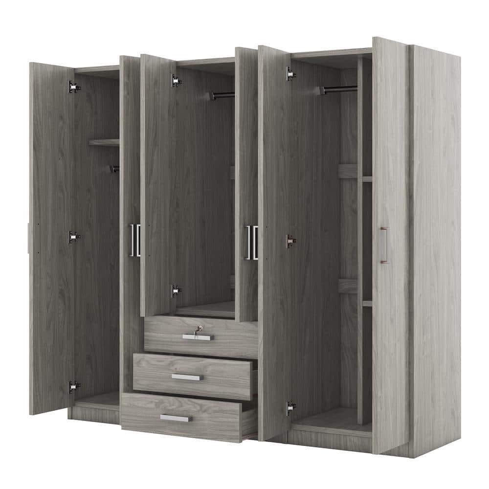 White Wood 70.9 in. 6-Door Wardrobe Armoire with 3-Drawers, 5-Storage Shelves and 3-Hanging Rails - thumbnail 5