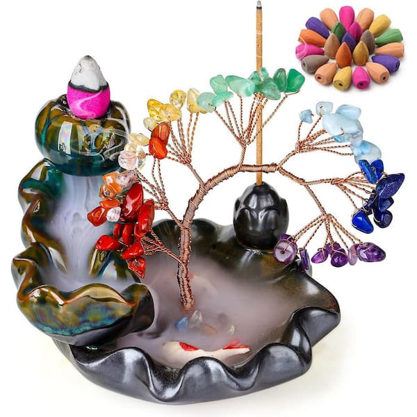Afoxsos Ceramic Backflow Incense Waterfall Burner with Chakra Crystal Tree and 30-Incense Cones