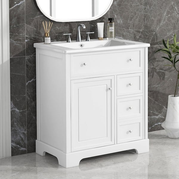 Ziyudura 30 in. Single Sink Freestanding White Bath Vanity with White Ceramic Top, Storage Rack, Two Drawers