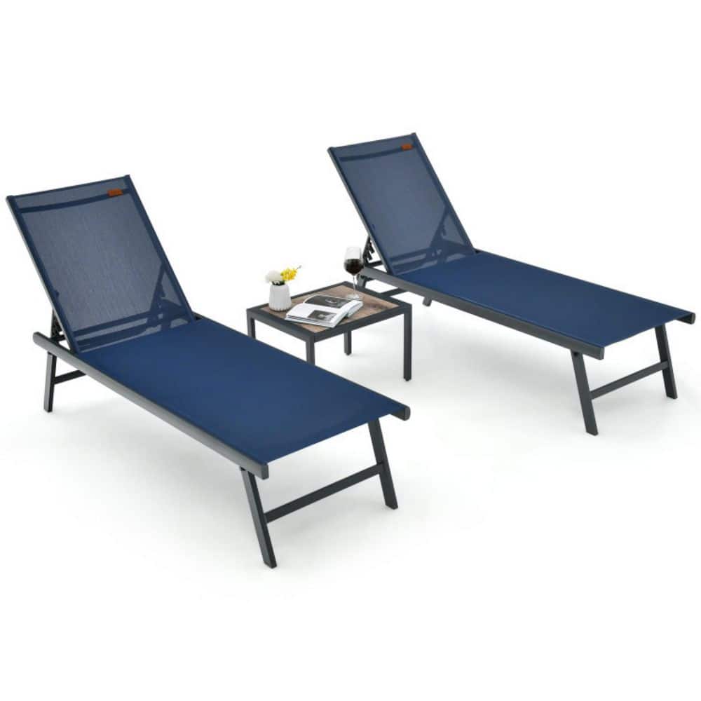 Navy Aluminum 3-Piece Outdoor Chaise Lounge Chair and Table Set for Poolside Yard price history on PriceWatchPro