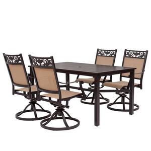 Dark Brown 5-Piece Aluminum Patio Dining Set With High Back Swivel Chairs, Umbrella Hole With Powder Coat Paint Finish