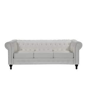Brooks 82.3 in. Rolled Arm Faux Leather Straight 3-Seater Upholstered Sofa in Cream White