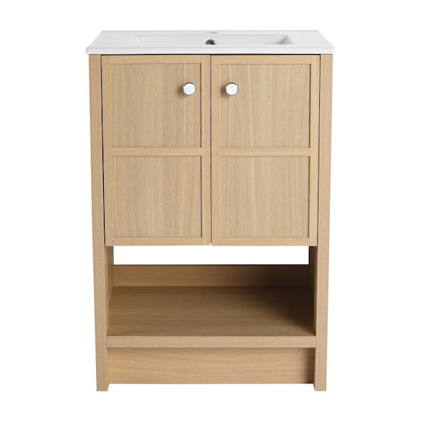 24 in. Single Sink Freestanding Oak Bath Vanity with White Ceramic Top, Open Shelf and Door Storage Cabinet Unassembled
