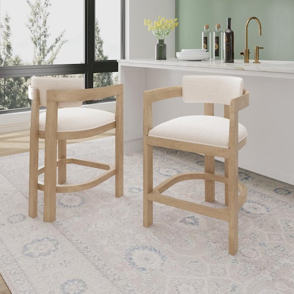 Corlas 26 in. Medieval Modern Upholstered Rubber Wood Counter Stools with Footrest, Natural Plus Beige, (Set of 2)
