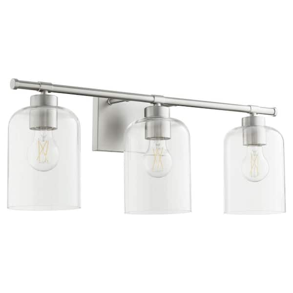 Quorum International Tribute 4-Light 100-Watts Medium lamp base Light Vanity 25 in. Width with 3-Clear Glass Shade - Satin Nickel