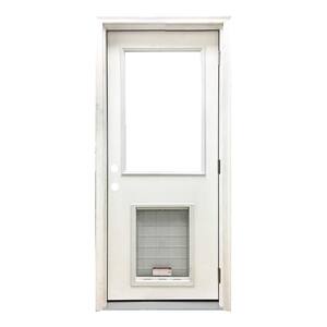 32 in. x 80 in. Reliant Series Clear Half Lite LHOS White Primed Fiberglass Prehung Back Door with SL Pet Door