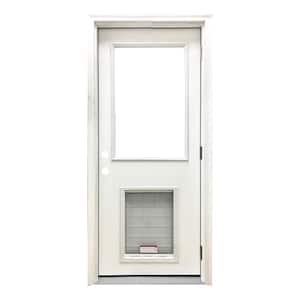 30 in. x 80 in. Reliant Series Clear Half Lite LHOS White Primed Fiberglass Prehung Back Door with Extra Large Pet Door