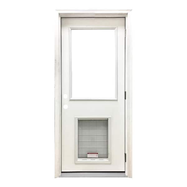 Steves & Sons 30 in. x 80 in. Reliant Series Clear Half Lite LHOS White Primed Fiberglass Prehung Back Door with Extra Large Pet Door