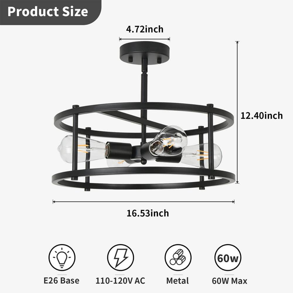 16.54'' Matte Black Metal Drum Semi-Flush Mount Ceiling Light