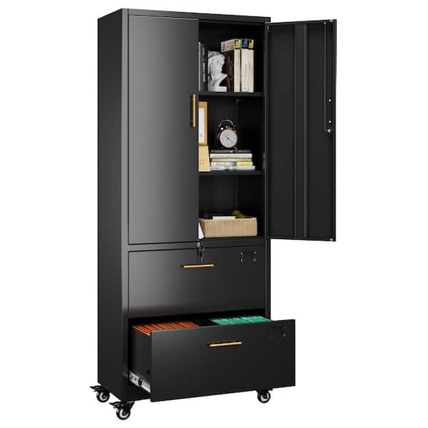 Hephastu 30 in. W x 71 in. H x 15 in. D Metal Rolling File Storage Freestanding Cabinet with Lockable Door, 2-Drawers in Black