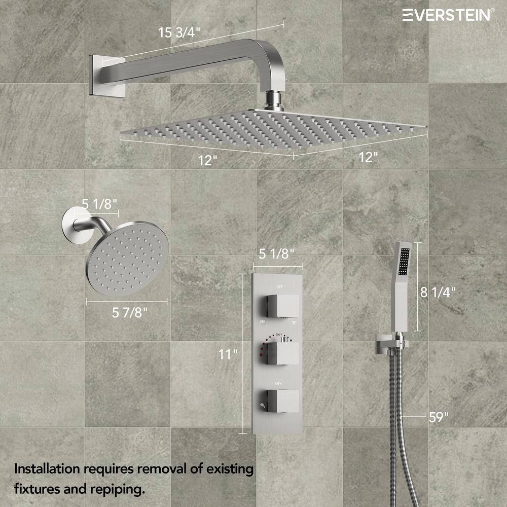 Brushed Nickel Dual Shower System with Handheld Spray and Thermostatic Valve