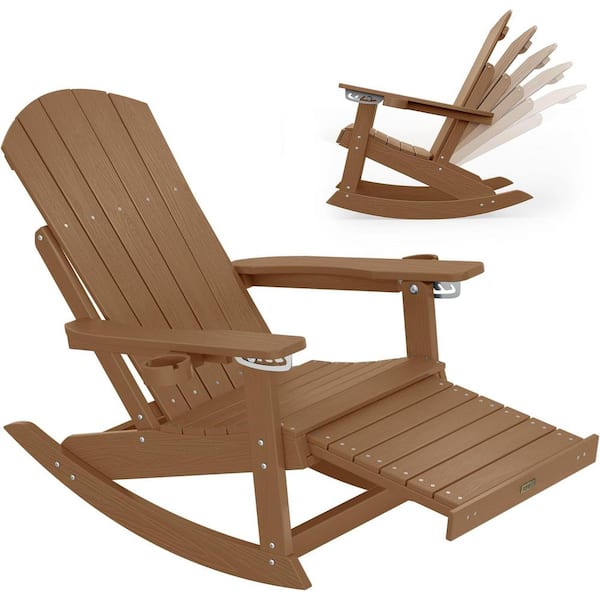 Mximu Teak Plastic Adirondack Outdoor Rocking Chair with Retractable Ottoman and Cup Holders