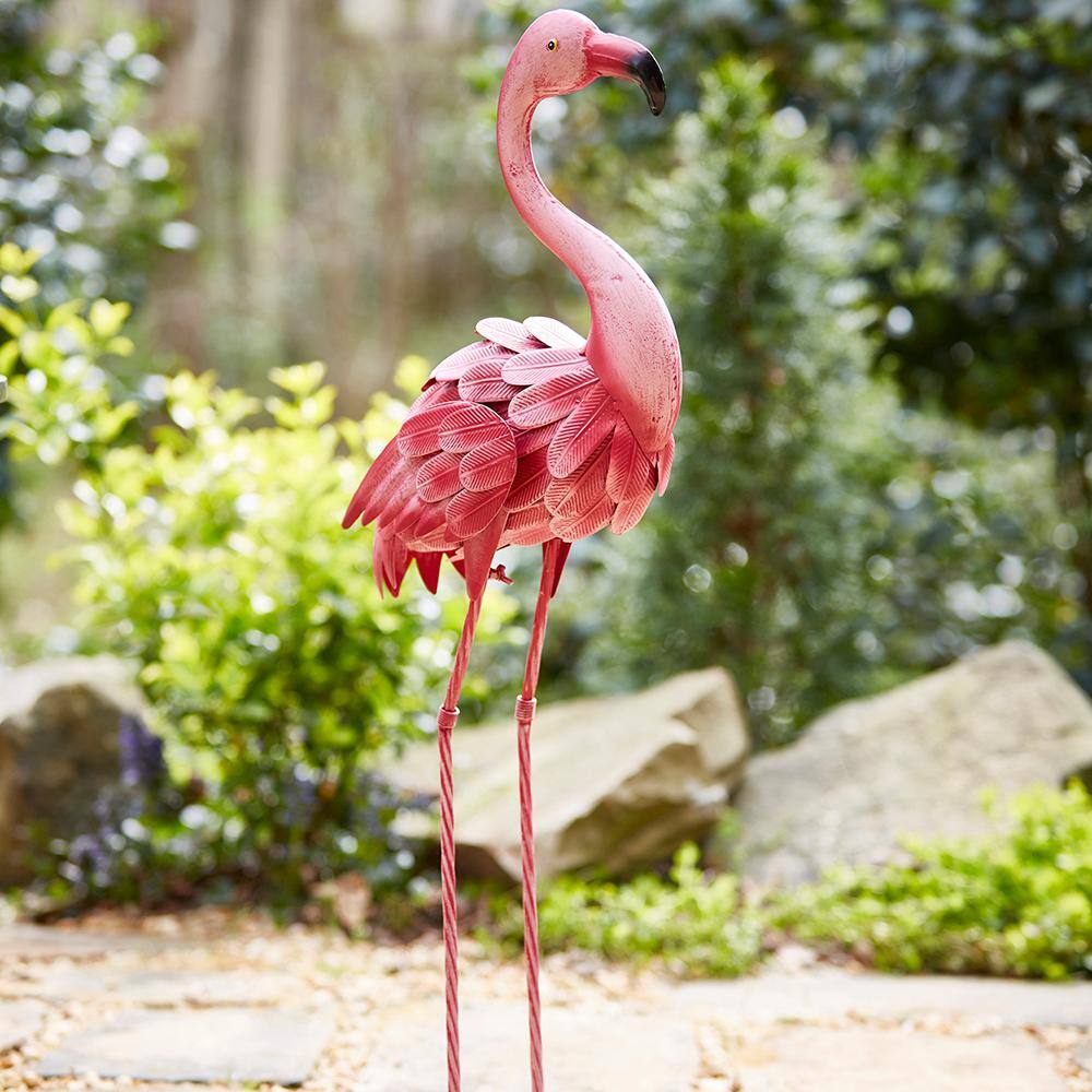 35-Inch Pink Metal Flamingo Garden Statue