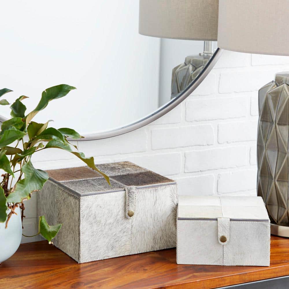 Gray Leather Hide Lidded Storage Boxes with Dividers