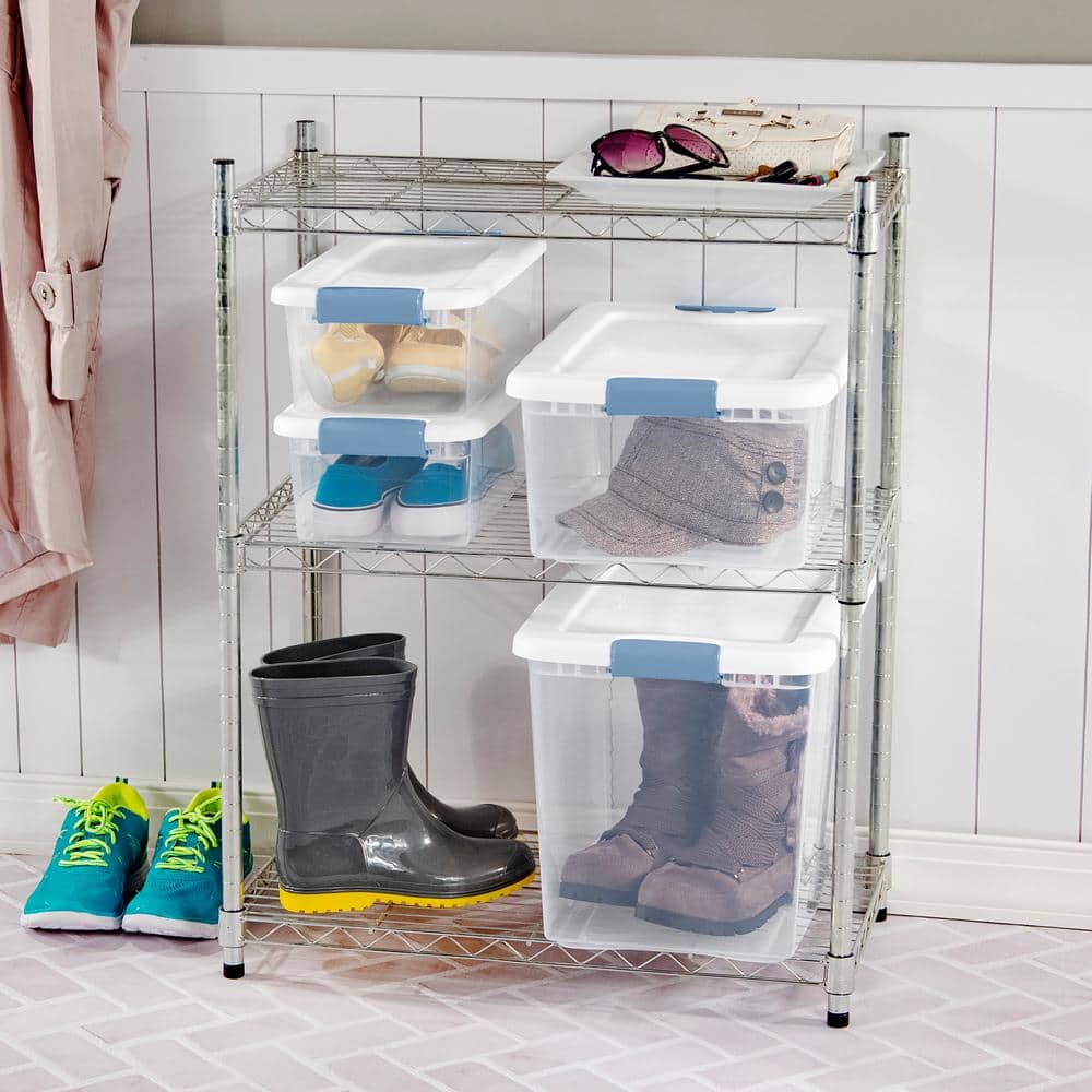 Clear Plastic Stackable Storage Box with White Lid and Blue Latches