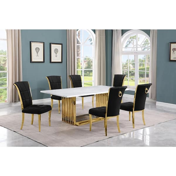 Best Quality Furniture Lisa 7-Piece Rectangle White Marble Top Gold Stainless Steel Dining Set With 6-Black Velvet Gold Iron Leg Chairs