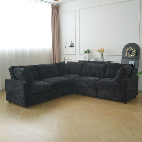 100.5 in. Square Arm Chenille Couch Modular Free Combination Sectional Sofa in Black 5 Piece
