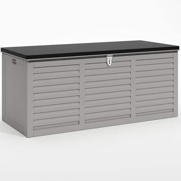 BTMWAY - 130 Gal. Gray Upgraded Resin Deck Box, Outdoor Storage Box Waterproof with Hydraulic Rod and Side Handle, Lockable