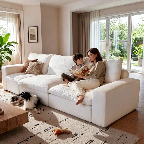 Cloud Couch 79 in. Square Arm Linen Oversized 2-Seater Pinewood Love Sofa Modular Tuxedo Sofa in White for Apartment