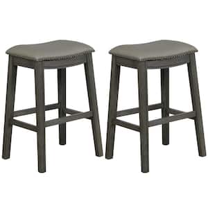 Saddle 29 in. Grey Backless Wood Bar Stool Nailhead Kitchen Counter Chair Leather Seat (Set of 2)