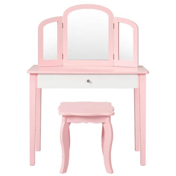 Gymax Pink Kids Vanity Princess Make Up Dressing Table with Tri-folding Mirror and Chair