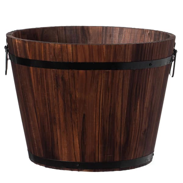 Rustic Wooden Whiskey Barrel Planter with Durable Medal Handles and Drainage Hole - Medium