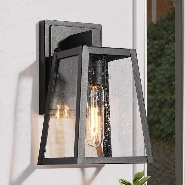 LNC Modern Matte Black 1-Light Lantern Outdoor Sconce Industrial Linear Outdoor Wall Light with Seeded Glass Shade