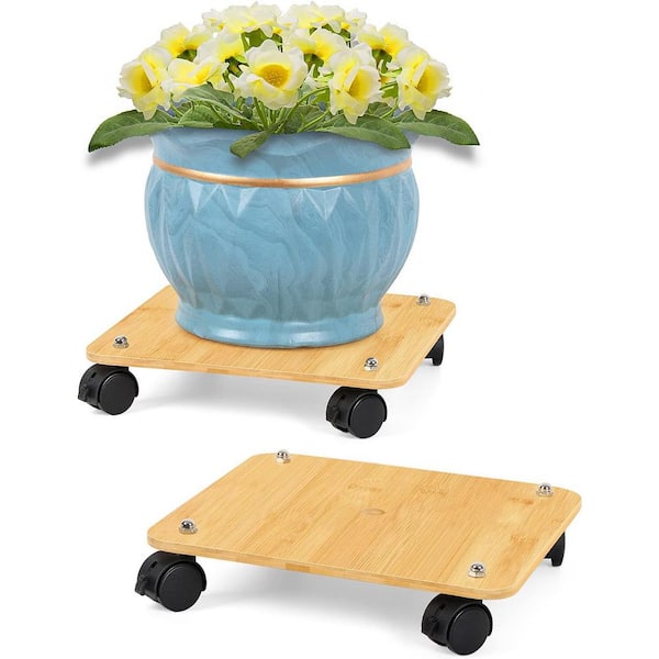 Oumilen 2 Pack Bamboo Rolling Plant Caddy Stand Base with Lockable Casters