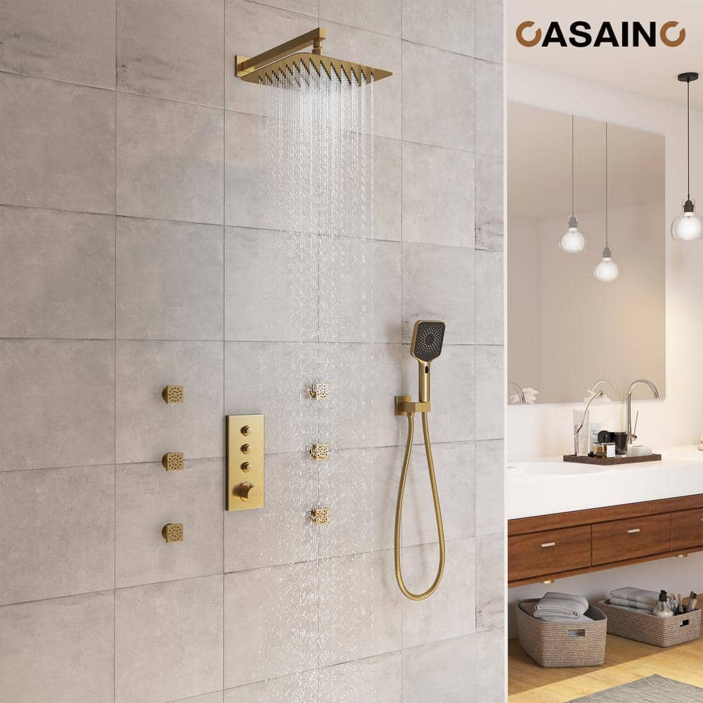 Brushed Gold Dual Square Wall Mount Shower System with Handheld