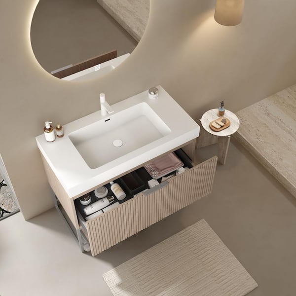 29.92 in. W x 19.69 in. D x 33.46 in. H Single Sink Freestanding Bath Vanity in Brown with White Acrylic Top and Storage