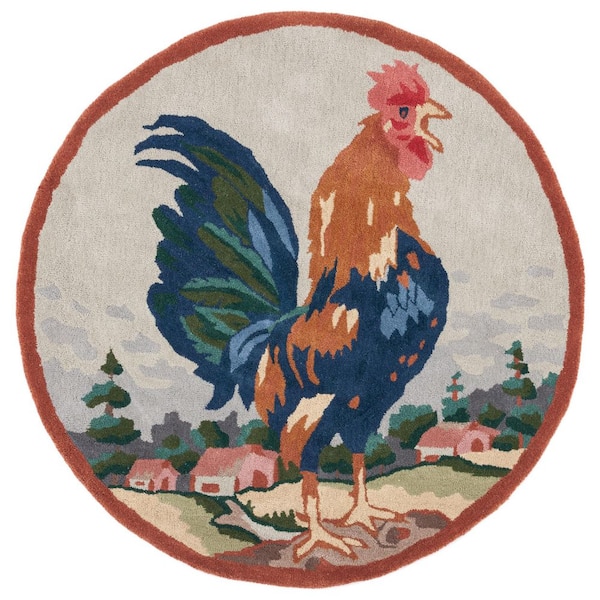 Novelty 4 ft. x 4 ft. Ivory/Rust Rooster Round Area Rug