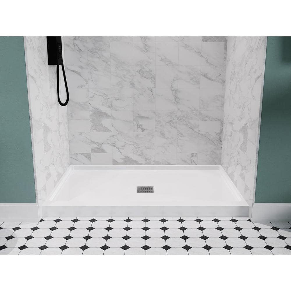 Glossy White Acrylic Rectangular Shower Base with Center Drain