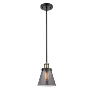 Cone 1-Light Black Antique Brass Cone Pendant Light with Plated Smoke Glass Shade