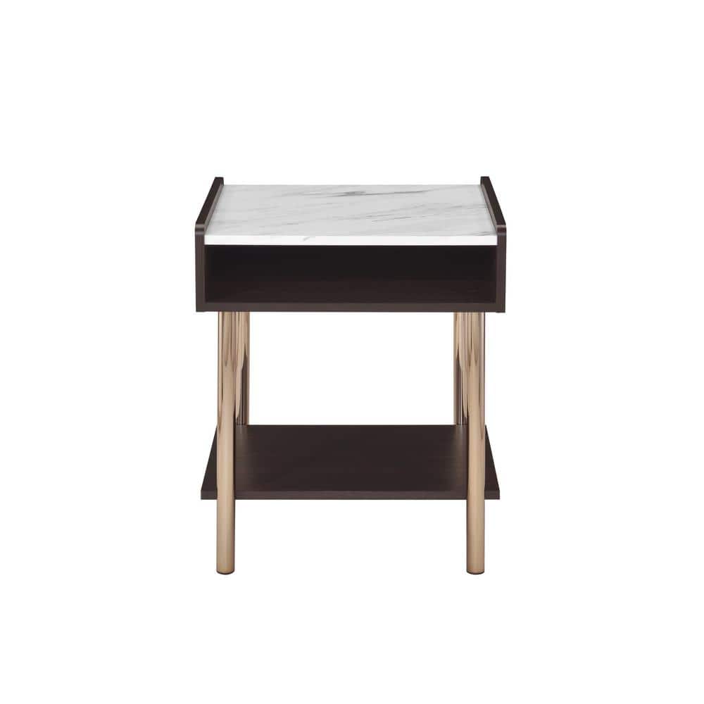 Walnut and White Marble Top End Table with Storage