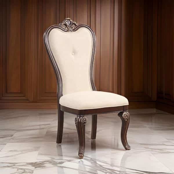 Benjara Brown and Beige Fabric Crown Top Dining Chair (Set of 2)