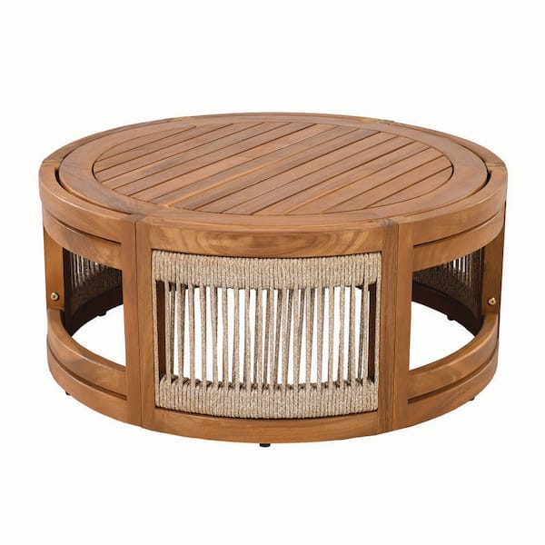 27.95 in. Acacia Wood Outdoor Coffee Table-Handwoven Rope Accent Boho ...